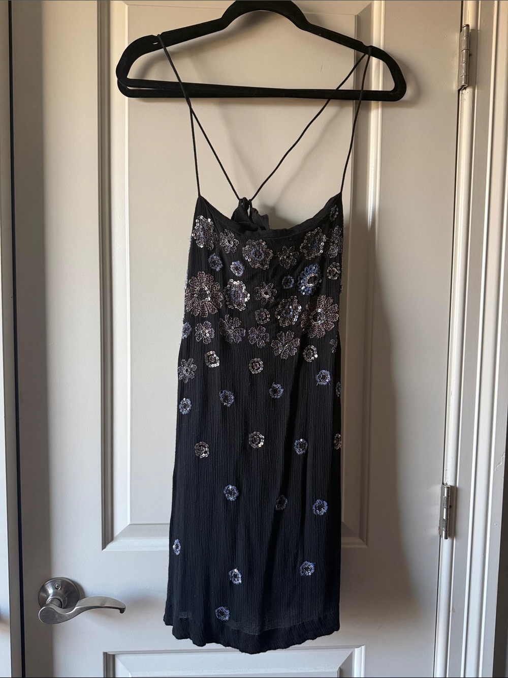 Black Sequin Floral Slip Mini Dress with Spaghetti Straps